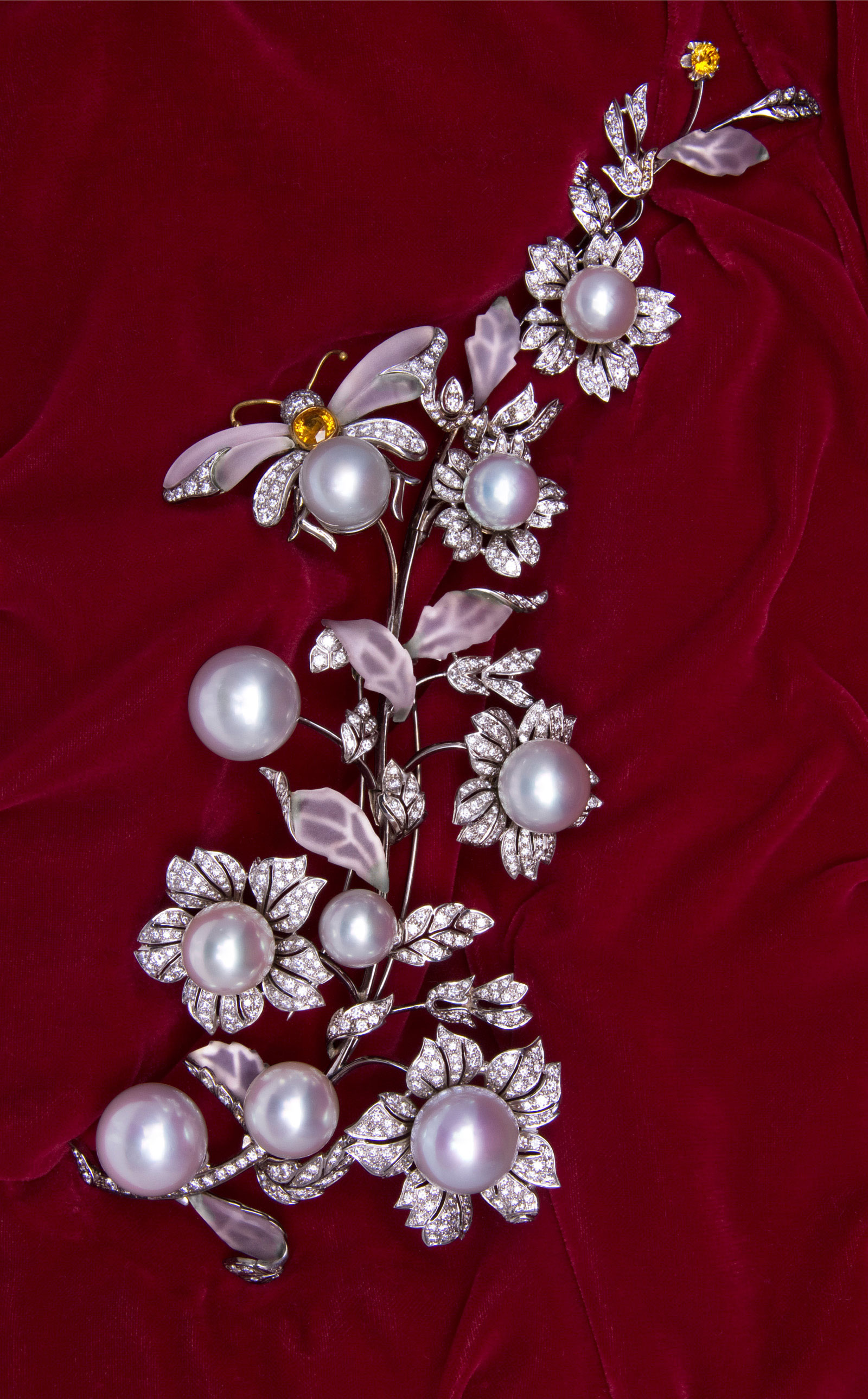 Corsage brooch with 18mm gem quality pearls, diamonds, frosted crystal, and yellow sapphires